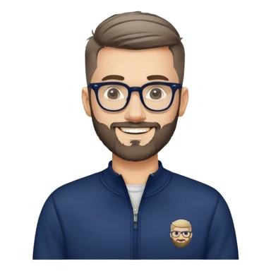 Fair-skinned man with fade haircut (extremely short on sides, slightly longer on top), short salt and pepper beard, large black-framed glasses, smiling, wearing navy blue long sleeve zip sweatshirt sticker