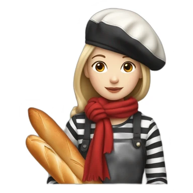 a french girl with a beret, black and white striped clothes, a red scarf and a baguette on his back. sticker