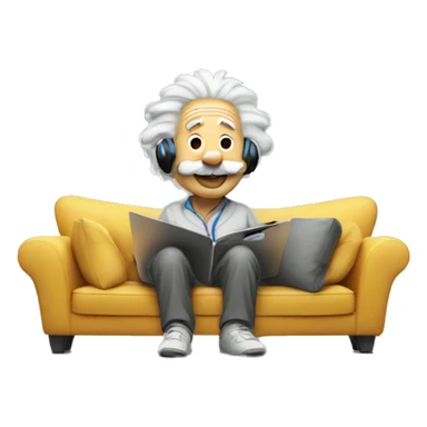 albert einstein happy listening music with wireless headphones while sitting on the couch sticker