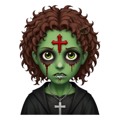 Zumbi verde com olhos castanhos aspecto de que tá sangrando, com cabelo castanho cacheado um piercing do lado esquerdo do nariz, roupa preta e crucifixo como colar, e também delineador  sticker