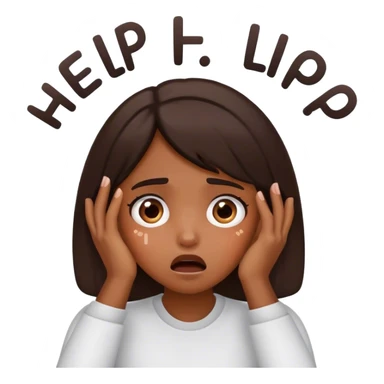 Shocked girl face and hands on face, big text saying "HELP" sticker