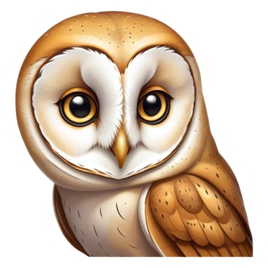 Cinematic Noble Barn Owl Portrait Emoji, Poised and regal, with a slender, graceful build and a striking mottled plumage of whites and browns, deep-set soulful amber eyes, Simplified yet sharp and sophisticated features, highly detailed, glowing with a soft, dignified glow, high shine, intelligent and mysterious, stylized with an air of nocturnal wisdom, focused and attentive, soft glowing outline, capturing the essence of a watchful and confident fowl, so majestic it feels as though it could silently glide out of the screen with effortless authority! sticker
