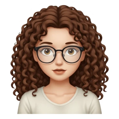 aesthetic white girl with brown, long curly hair, she wears an offwhite top and wears square glasses and her eyes are black sticker