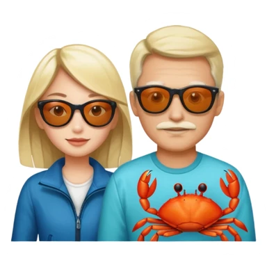 Men and girl Alaska crab are moving wearing a sunglass and 海港薈 sticker