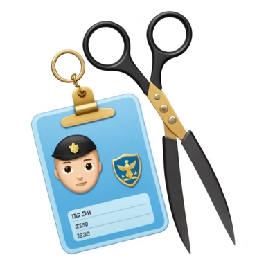 Floating black Scissors cutting in half a light blue idf soldier ID card with golden chip in 2 parts .hyper realistic sticker