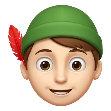 A cute 3D emoji head of a mischievous cartoon boy, fair skin, big expressive eyes, thick eyebrows, smiling with a slightly open mouth, brown hair, wearing a green pointed cap with a red feather, smooth sticker