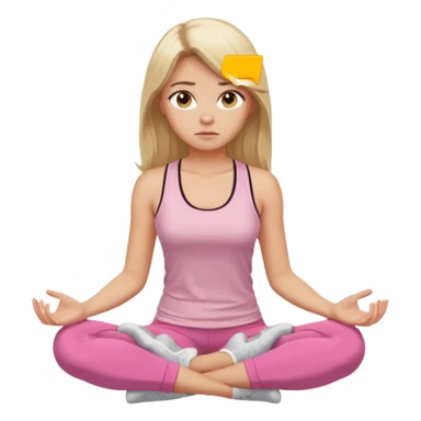 Create a young woman with long blonde hair, golden eyes, and medium-light skin tone, wearing a light pink tank top and leggings. She should be sitting cross-legged in a calm pose, but with a subtle doubting or skeptical facial expression—slightly raised eyebrow, small frown, or pursed lips.  sticker