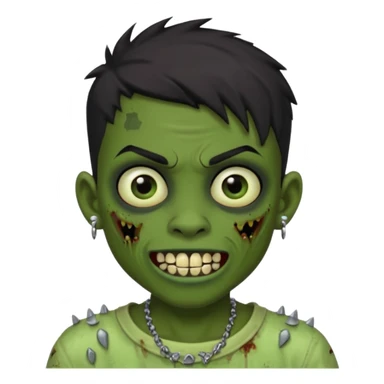 Make a boy zombie dark skin and short black 4c hair, showing a studded grillz teeth with a earing sticker
