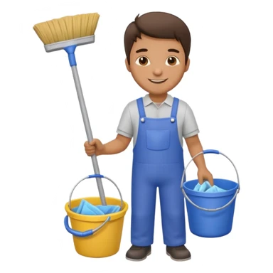 man in cleaning clothes, holding a broom and a bucket sticker