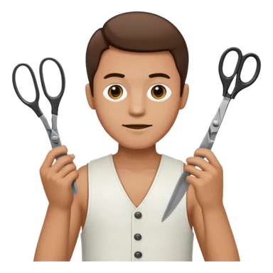 A man in a white vest with a pair of scissors sticker