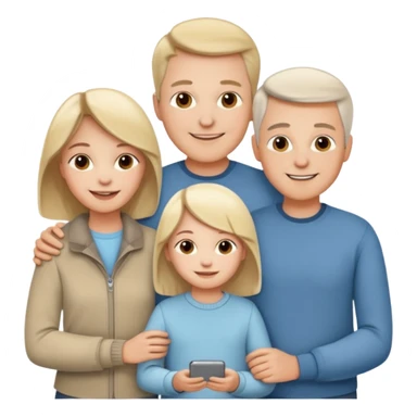white family emoji: parents on each side of their child, smiling, warm, casual modern outfits sticker