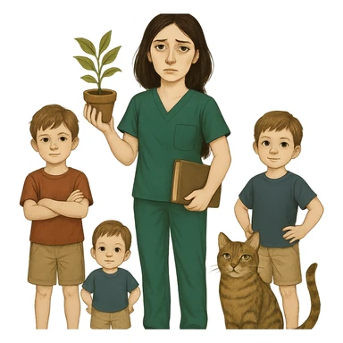 Edit the image to add two boys. The woman should be wearing Kelly green scrubs, with longer and darker hair. She should be holding a plant in one hand and a book in the other. Include a cat nearby. She has pale skin, gray eyes, and a tired expression. Remove the background entirely. sticker