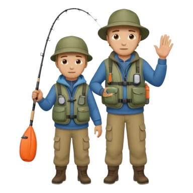 Father and son in fishing gear gesturing that they are cold, full body sticker