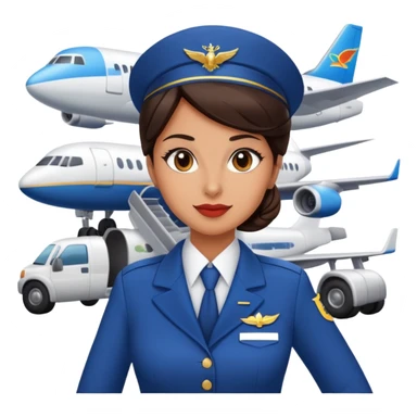 Brunette flight attendant in front of a plane sticker