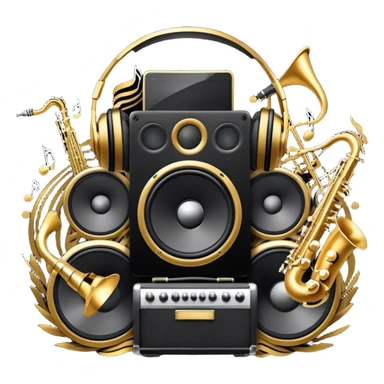 Icon for R&B Music Listening: large concert speakers and headphones with waves of musical notes coming out, along with drum kit, and synthesizer, saxophone and bass guitar. The icon should convey the energetic and rhythmic vibe of R&B music. Transparent background. sticker