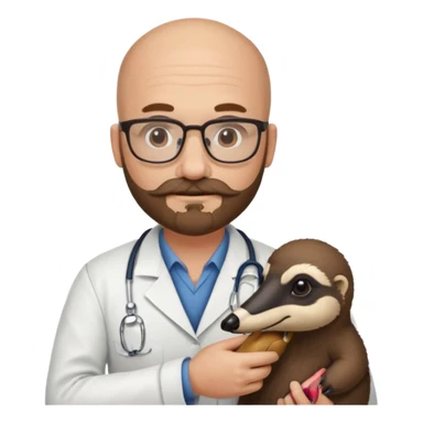 A bald veterinarian with a beard and glasses, mustache holding an the animal is "anteater" oso hormiguero  sticker