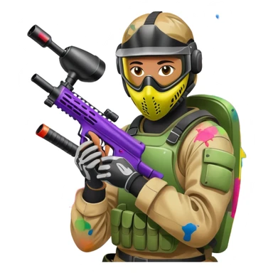 A dynamic scene of a player in action, holding a paintball gun and wearing protective gear. The background shows a vibrant paintball field with obstacles, colorful splatters of paint in the air, and an intense, competitive atmosphere. sticker