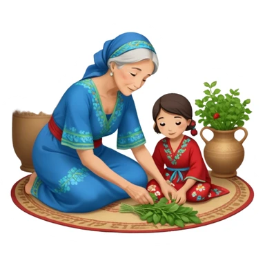 intergenerational moment between a grandmother and her granddaughter, deeply rooted in tradition. The young woman, dressed in a beautiful blue kaftan, sits on the floor carefully picking fresh herbs or greens, while the grandmother, wearing a red headscarf and floral dress, gently guides her. sticker