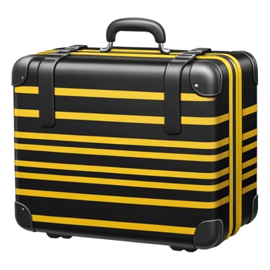 A black suitcase with yellow stripes across it sticker