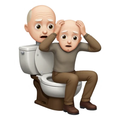 A bald person who’s very old is staring, he’s inside a toilet and his head is upright and looking at the camera with very wide eyes and his hands are putting pressure on his head, very scared expression and he’s shaking his butt sticker