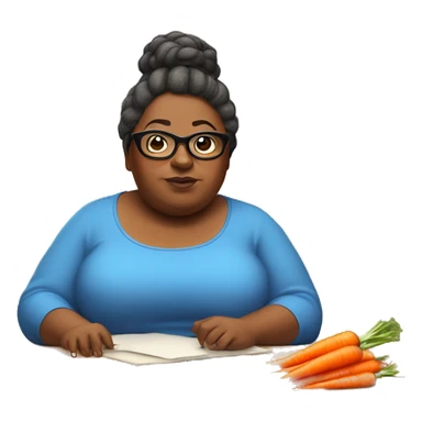 Fat lady with a brown bun in her hair with glasses and a blue long sleeve shirt staring at a carrot on a brown desk sticker