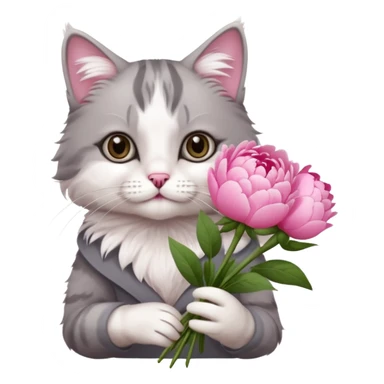 Cute cat Handing pink peonies like reaching a hand and handing them out a bouquet of them not a physical hand the cats hand  make the cat fluffy and grey and white fluffier make the cat wear a pink coquette sticker