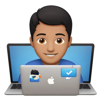 make an emoji of a happy male black hair developer behind laptop sticker