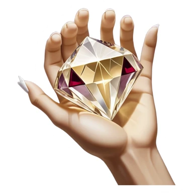 White pov hand outline gripping a shattered diamond prism, light shards projecting luxury items (e.g., perfume, gold bars), deep burgundy (#4A0E27) and onyx (#000000) background with metallic gold (#FFD700) fractures, dramatic chiaroscuro lighting, edgy opulence sticker