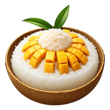 cinematic-realistic-mango-sticky-rice-dessert-emoji,-showcasing-sweet-sticky-rice out of a mould-paired-with-ripe-mango-slices-and-coconut-milk-rendered-with-lifelike-detail-and-warm,-inviting-lighting with the coconut  milk over the rice sticker