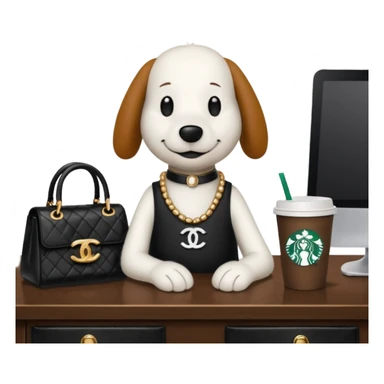 snoopy in a desk with starbucks and his chanel purse sticker