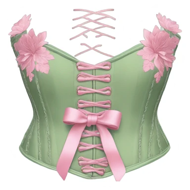 Sage green corset with flower embroidery and pink bows, isolated sticker