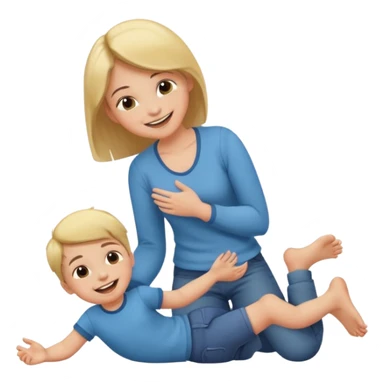 A girl smiling and standing near a little boy, he is on the floor laughing, she wiggling her toes between his thighs tickling him sticker