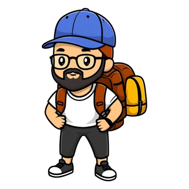 adventurer with backpack, small beard, glasses and backwards baseball cap sticker