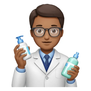 man with white coat and glasses holding skincare products sticker