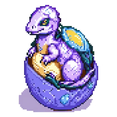 pixel art dinosaur, hatching from egg, purple, simple background sticker