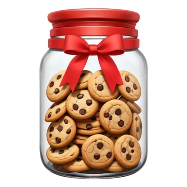 A chewy chocolate chip cozy cookie in an organized jar, saying "Cookie Jar" with some small illustrations on the jar to indicate there are cookies stored inside, a big red ribbonon the lid sticker