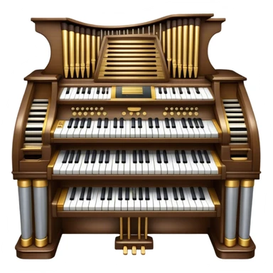 Create an elegant and majestic emoji representing a classical organ. The design should feature the grand pipes of the organ in the background, with visible details of the keys and pedalboard in the foreground. The pipes should be tall and impressive, with a mixture of gold, silver, and metallic shades to emphasize the grandeur of the instrument. The keyboard and pedals should be well-defined, capturing the intricate craftsmanship of the organ. Use dark wood tones and gold accents for the body of the instrument to give it a rich, historic feel. Add subtle musical notes around the organ to evoke its deep, resonant sound. The background should be transparent. sticker