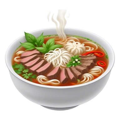 Cinematic Realistic Pho Dish Emoji, depicted as a steaming bowl of aromatic beef noodle soup with herbs rendered with lifelike textures and vibrant, warm lighting. sticker