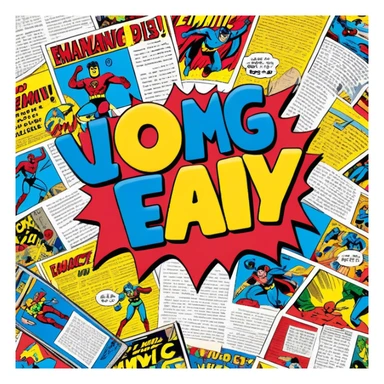 Create a vibrant emoji representing comic books and graphic novels. The design should feature a large, open comic book or vintage comic magazine with pages displaying classic comic art, with text. The comic pages should have bold, dynamic panels and action scenes. Include a pencil writing on the pages, but without a hand, to symbolize the artistic creation of comics. Use bright colors like red, blue, and yellow, with a retro feel to the design. Make the background transparent. sticker