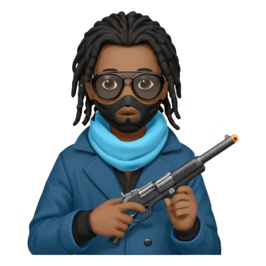African American man with shoulder length black dreadlocks  wearing black sunglasses wearing a black bubble winter coat wearing a blue hospital mask covering mouth and nose  holding a pistol gun in hand sticker