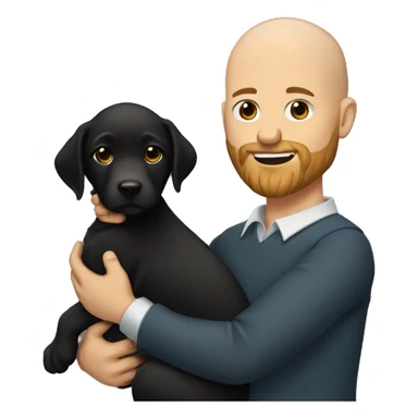 Bald man with beard. Very handsome. Holding black lab puppy.  sticker