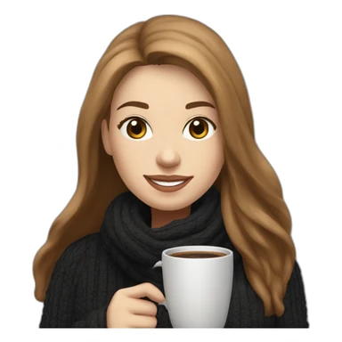 eyes closed smiling woman with pale skin middle brown long straight hair with a laptop and a large coffee mug wearing a black woolly shirt and a black woolly scarf sticker