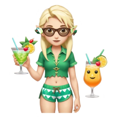 elf female legolas portrait, patterned board shorts (geometric/abstract), unique wooden-framed sunglasses, undercut hairstyle, slight smirk, visible pointy ears, no background, centered emoji, hipster summer vibe coctails  sticker