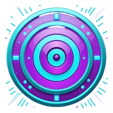 Futuristic glowing bullseye target emoji, neon purple and cyan holographic glow, dark background, digital tech style, abstract sparkles, no face. sticker