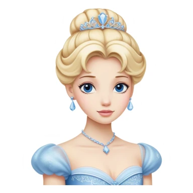 Cinematic Realistic Cinderella Portrait, depicted with lifelike porcelain skin, elegantly styled blonde hair, and a serene, graceful expression. Dressed in her classic ball gown with intricately detailed fabric textures and delicate pastel hues that catch soft, natural lighting, this portrait captures the timeless beauty of a fairy tale princess. sticker