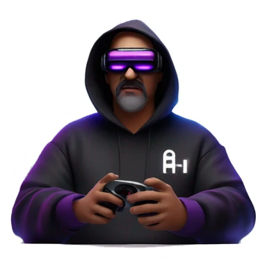 Big Lebowski wearing a black hoodie with "OMG" letters on it and VR headset oculus quest 2 in a cyberpunk VR environment with violet neon lighting. sticker