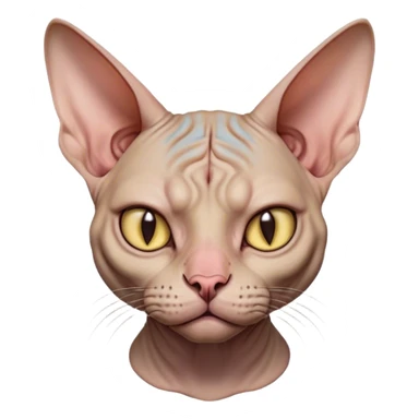 Cinematic Grumpy Sphynx Cat Portrait Emoji, Head tilted slightly with a deeply unimpressed expression, smooth, wrinkled skin with pronounced facial folds giving a permanent look of disapproval, large ears standing tall, piercing eyes narrowed into an unamused glare, Simplified yet comically expressive features, highly detailed, glowing with a dry, sarcastic glow, high shine, effortlessly judgmental yet dignified, stylized with a touch of cynicism, bright but brooding, soft glowing outline, capturing the essence of an eternally unimpressed yet endearing feline, so lifelike it feels like it could sigh heavily at you in disdain at any moment! sticker