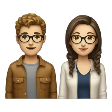 italian young cool couple brown hairs and white skin, the boy with rounded glasses, the girl is a model sticker