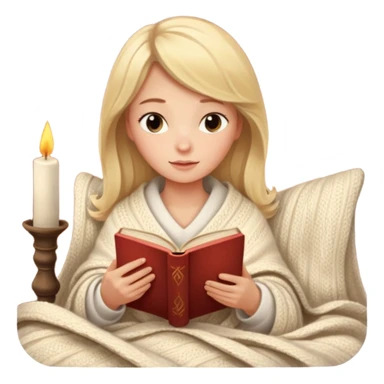 Cozy blonde girl reading book with blanket and candle sticker