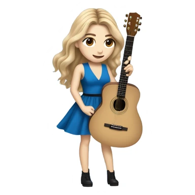 Sabrina carpenter singings while playing a guitar in a blue dress with a heart shaped cut out between her boobs and swaying her long blond hair with a fringe sticker